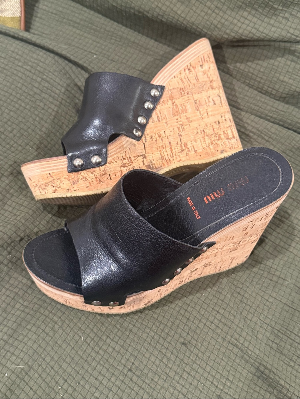 MIU MIU Black Leather & Cork Platform Wedges